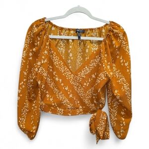 BCBG Women's Floral Wrap Crop Top Tie‎ Front Balloon Sleeves Boho Cottagecore